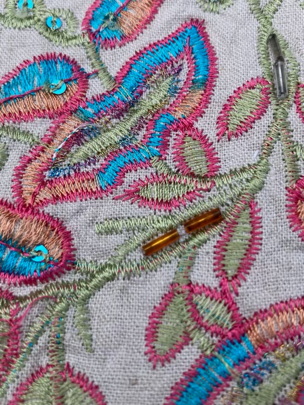 Boho Style Embroidered Linen Fabric with Beads Sequin 1 Yrd By 52”